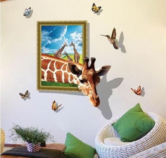 41ウォールステッカー 写真枠 飛び出るキリン 3D 動物 長い首 影付き