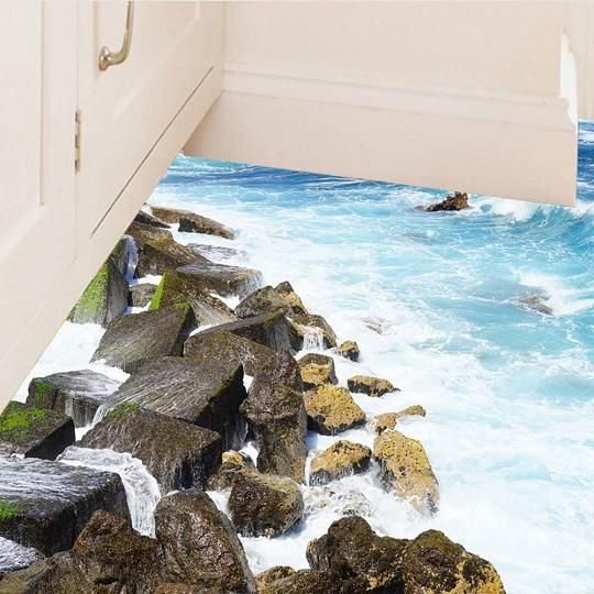 41ウォールステッカー 海岸の波 岩礁 3D 床用シール 浅瀬 波打ち際