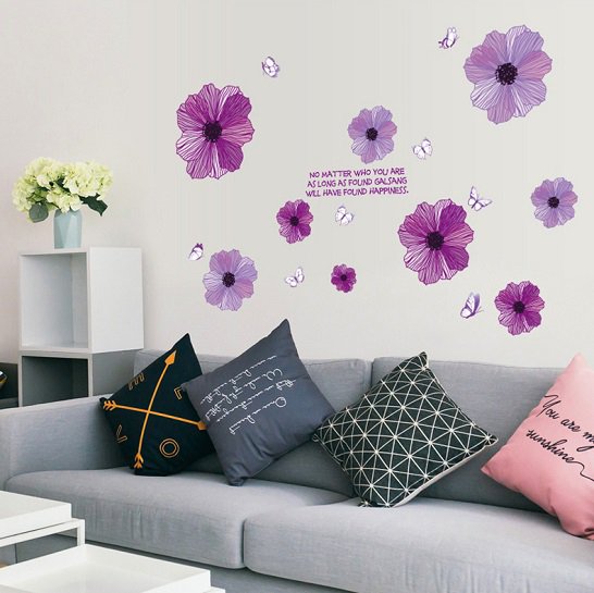 41ウォールステッカー 紫のコスモス 花びらと蝶 エレガント 部屋全体