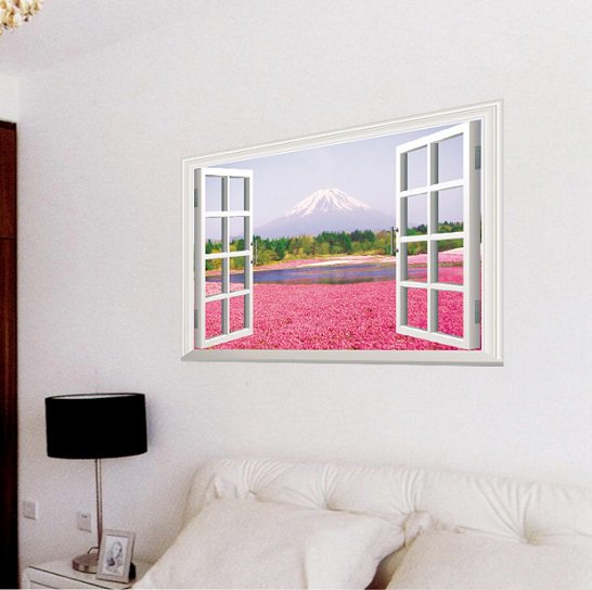 41ウォールステッカー 窓 富士山 本栖湖と芝桜 シール式 美しい風景