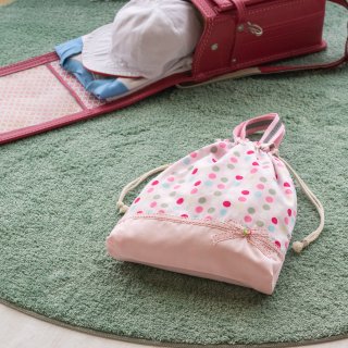 ごきげんドットの体操着袋(着替え袋)：ベビーピンク　｜サイズ変更対応の商品画像