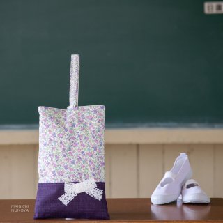 花柄＆リボンのシューズバッグ：紫の商品画像