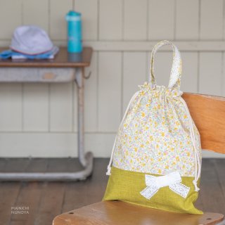 花柄＆リボンの着替え袋(体操着袋)：黄色の商品画像