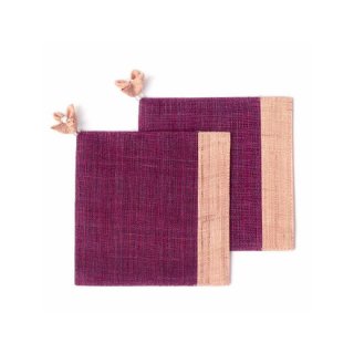 麻布コースター ピンク/赤紫色(花飾り付) 2枚セット