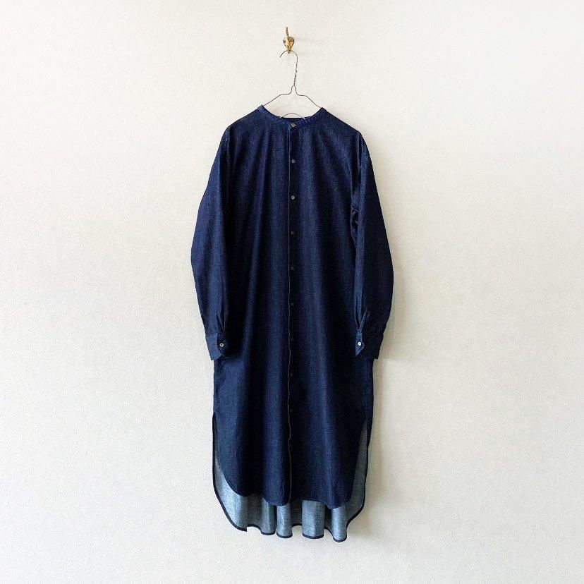 バンドカラーシャツワンピース NAVY M(FREE) メッセージ刺繍 バンドカラー 半袖シャツワンピース（シャツ