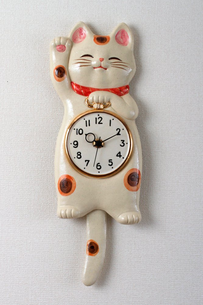 福々招き猫 陶器の柱時計 シロ猫 - クラフト悠季