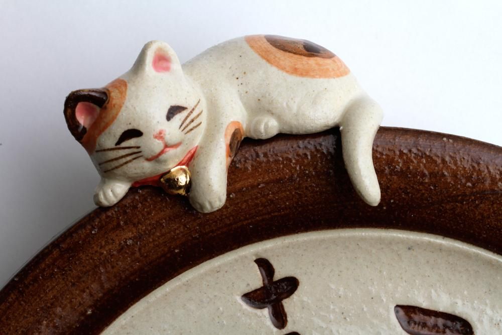 福々招き猫 陶器のペア掛時計 - クラフト悠季