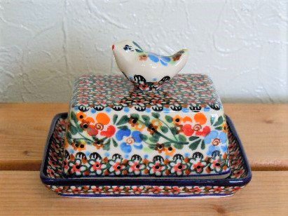 ミレナ　小鳥のバターケース 　「やさしい小花」 - ポーランド陶器食器専門店　ポーリッシュ・ポッタリー・ガーデン