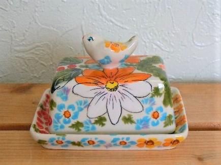 ミレナ 小鳥のバターケース 「オレンジのマーガレット」 - ポーランド