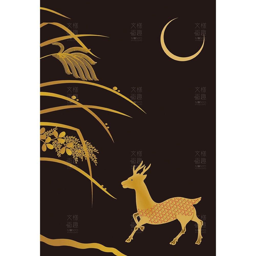 蒔絵文机の弦月に鹿文 - 伝統文様のデザイン素材なら【文様百趣