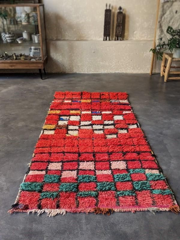 モロッコ ヴィンテージ ラグ レッド×オレンジ 169×116cm チェック柄 モロッコラグ｜ゼンモール（赤 / 約128×69cm） 送料無料 良品
