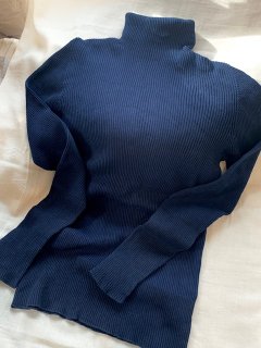 【藍染め】Organic Cotton無縫製バイカラーリブタートルセーター