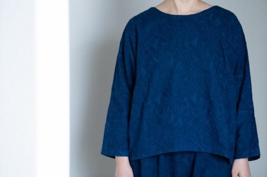 【期間限定】 藍染Organic 【ジャガード織、葉 ゆったりプルオーバー Cotton トップス