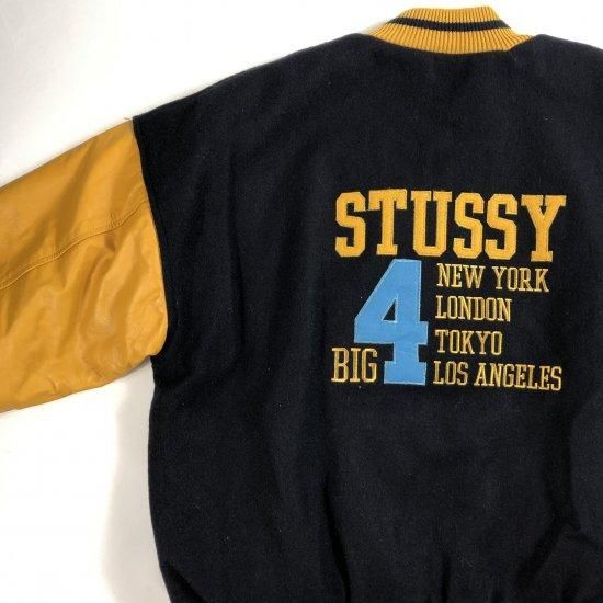 90'S OLD ”STUSSY” STADIUM JACKET/BIG 4 スタジャン‐ネイビー×イエロー