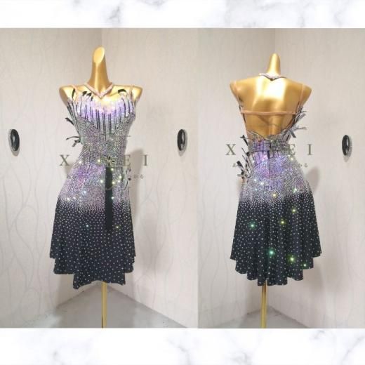 送料無料 豪華社交ダンスドレス 競技 オーダーメード ラテンドレス XII