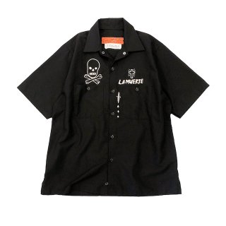 ハンド刺繍 リメイクワークシャツ・ブラック M 