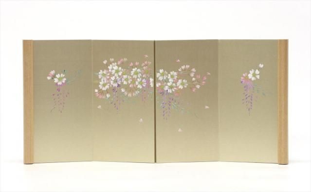<雛・五月兼用>屏風 4曲9号 Rつなぎ パール紙 藤桜(棒付)白木