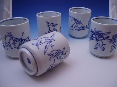 鳥獣戯画湯呑絵替わり5個セット - 京都祇園の和食器・清水焼の