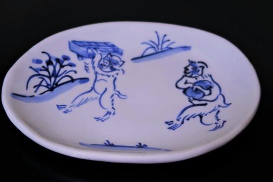 手描き染付鳥獣戯画千両箱小判皿 - 京都祇園の和食器・清水焼の陶磁器