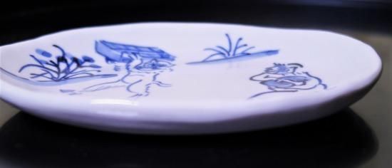 手描き染付鳥獣戯画千両箱小判皿 - 京都祇園の和食器・清水焼の陶磁器