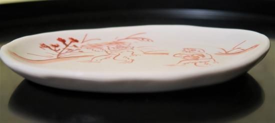 手描き赤絵鳥獣戯画千両箱小判皿 - 京都祇園の和食器・清水焼の陶磁器