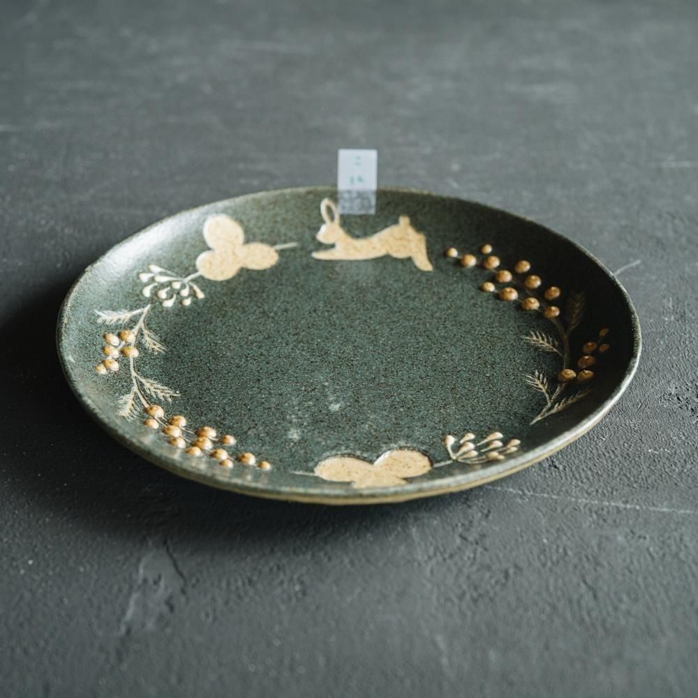 ※数量制限あり（2025年4月web個展）   苔色工房　丸プレート　ミモザウサギ／ネイビー　こ12