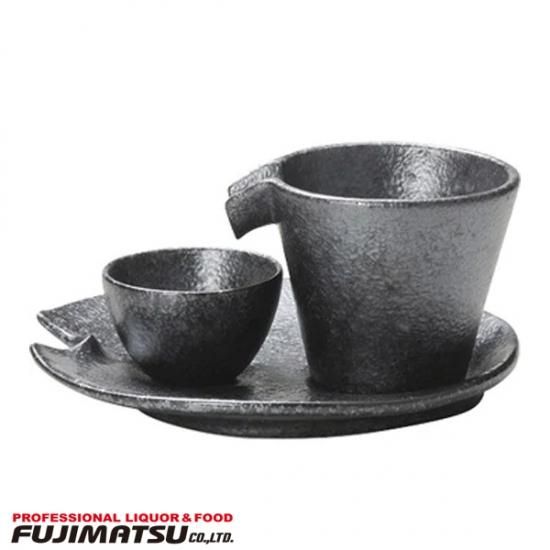 しずる冷酒器セット 冷酒器、盃、受皿の3点セット 銀黒 酒器 徳利