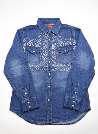 vintage インディゴ染 刺繍デニムシャツ インド綿 長袖シャツ