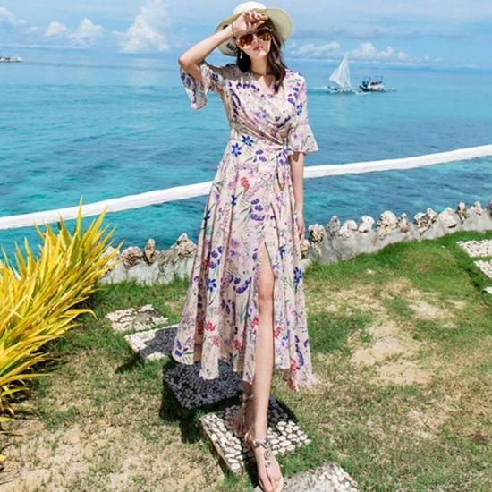 リゾート 旅行 マキシワンピース ラップドレス 七分袖