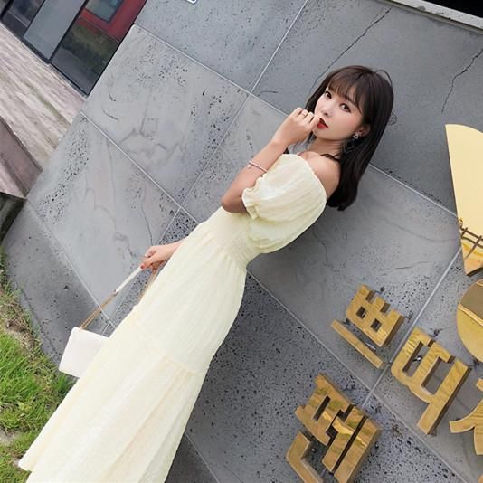 爽やかガーリー♪シャーリングがかわいいオフショルマキシワンピース