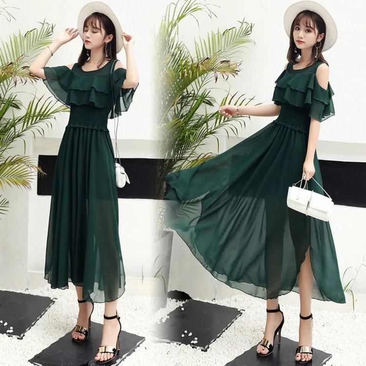 大人かわいい◇オープンショルダー ロングワンピース 4色 大きい 大人かわいい◇オープンショルダー ロングワンピース 4色 大きい