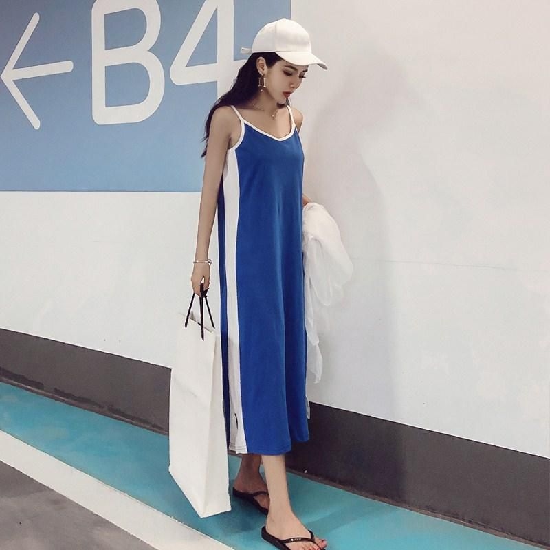 イタリアで購入　シルク100％　青と白のキャミワンピース 爽やかでスポーティー◇サイドライン ロングキャミワンピース