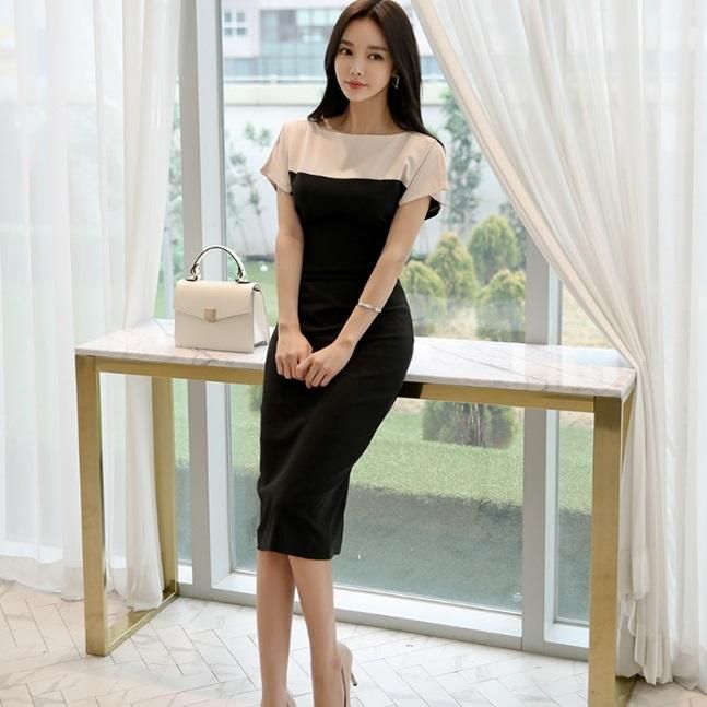 上品なバイカラーデザイン◇美シルエットな膝丈タイトワンピース