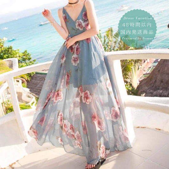 海外から輸入 即納】夏の旅行・ビーチに映えるマキシ丈シフォン花柄リゾート 服＆ファッション小物