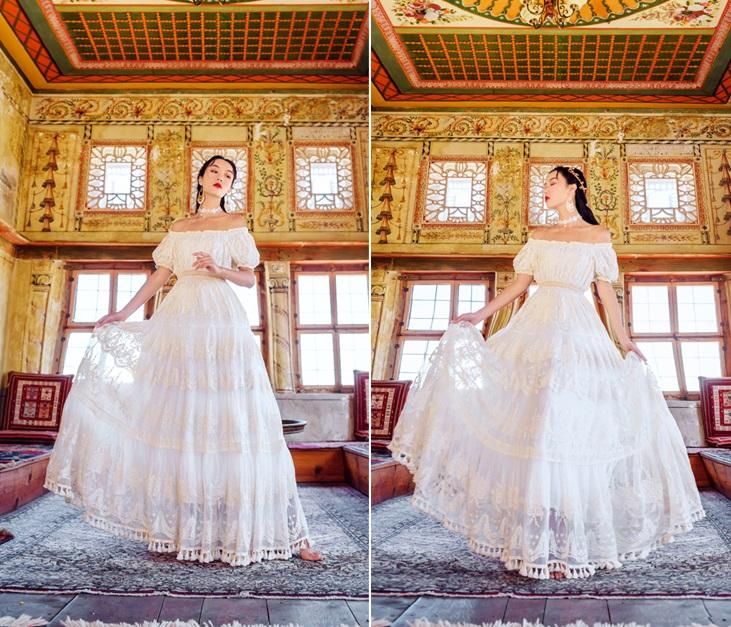 リュクス オフショルダー ワンピース 結婚式 リゾートにも ウェディングドレスとしても♪贅沢レース オフショルダードレス