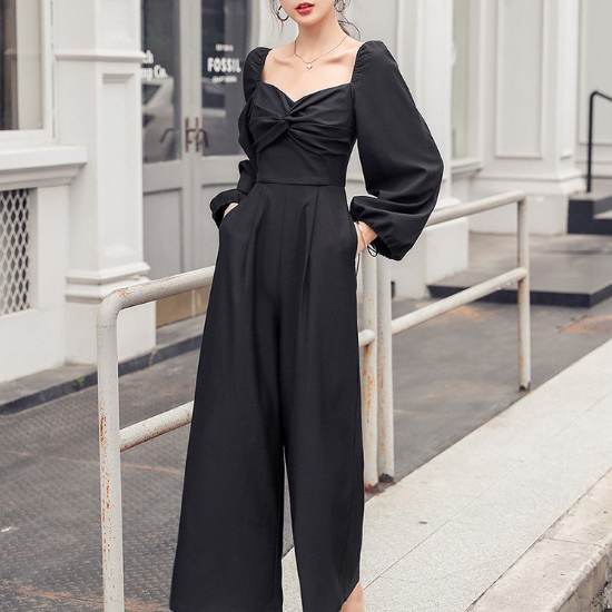 人気の海外デザイン エレガントなツイストギャザーの黒パンツドレス オールインワン