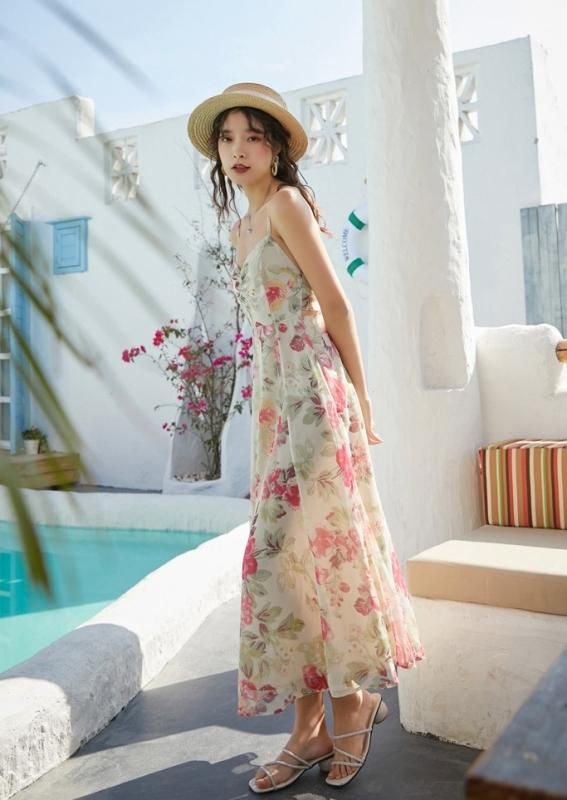 美品✨ ヌキテパ　フラワープリント キャミソールワンピース　近年モデル　ロング フラワープリントキャミソールロングワンピ(緑・青) 夏 Uネック