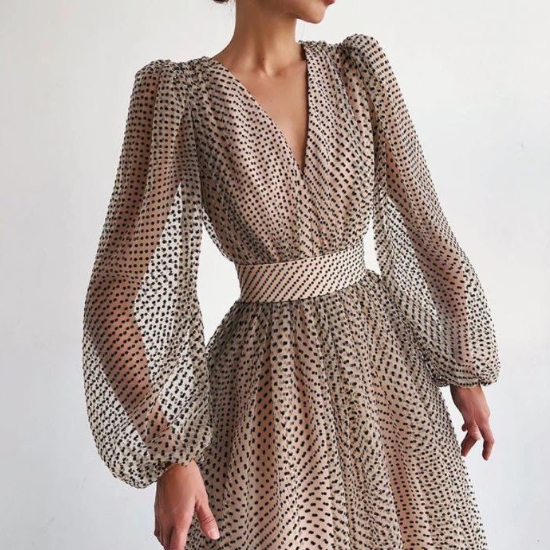 個性的でおしゃれな海外デザイン プチドットがかわいいバルーン袖のロングワンピース ドレス 3色