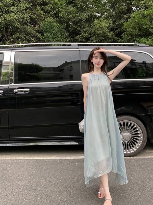 ふんわりシアーシフォンがかわいいロング丈キャミソールワンピース