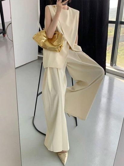 セットアップ フリル ワイドパンツ エレガント 大人可愛い L849 人気のワイドパンツ 大人エレガントなパンツセットアップ リゾート