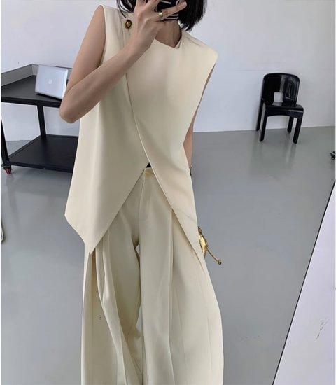 セットアップ フリル ワイドパンツ エレガント 大人可愛い L849 ダブルフリルカラートップス＆タックワイドパンツセットアップ