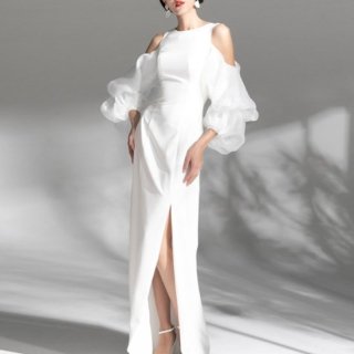 個性的でおしゃれな海外デザイン ボリュームスリーブのマキシ丈タイトホワイトドレス XL〜3L