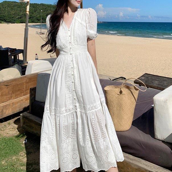 〈新品〉デュラスアンビエント/ワンピース/オフ白/S デザインレースがおしゃれ ロング丈長袖ティアード白ワンピース S～3L