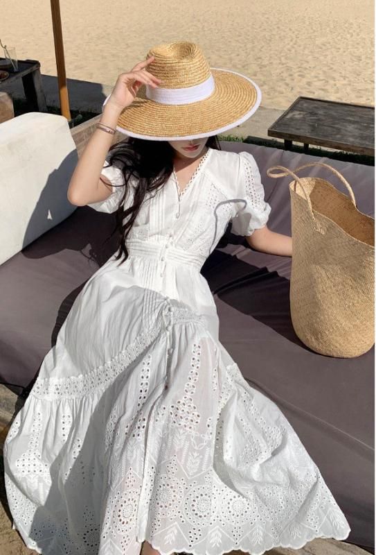 デザインレースがおしゃれ ロング丈長袖ティアード白ワンピース S～3L