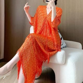 porto ponpone 麻100% フレアロングワンピース　オレンジ系 porto ponpone 麻100% フレアロングワンピース オレンジ系