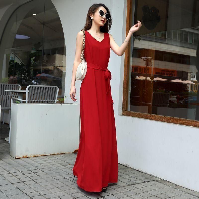 シンプル＆エレガントなマキシロングワンピース 赤 黒 紫 白 青