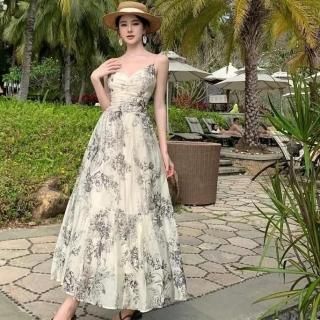 【即納】アートのようなフラワープリントが上品なロングワンピース 白/Sサイズ