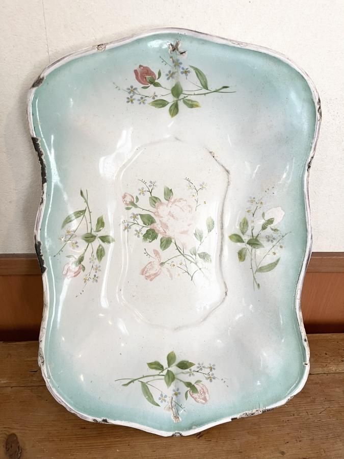 フランスアンティーク☘️ホーロー レア ピンク花柄トレイ ボウル