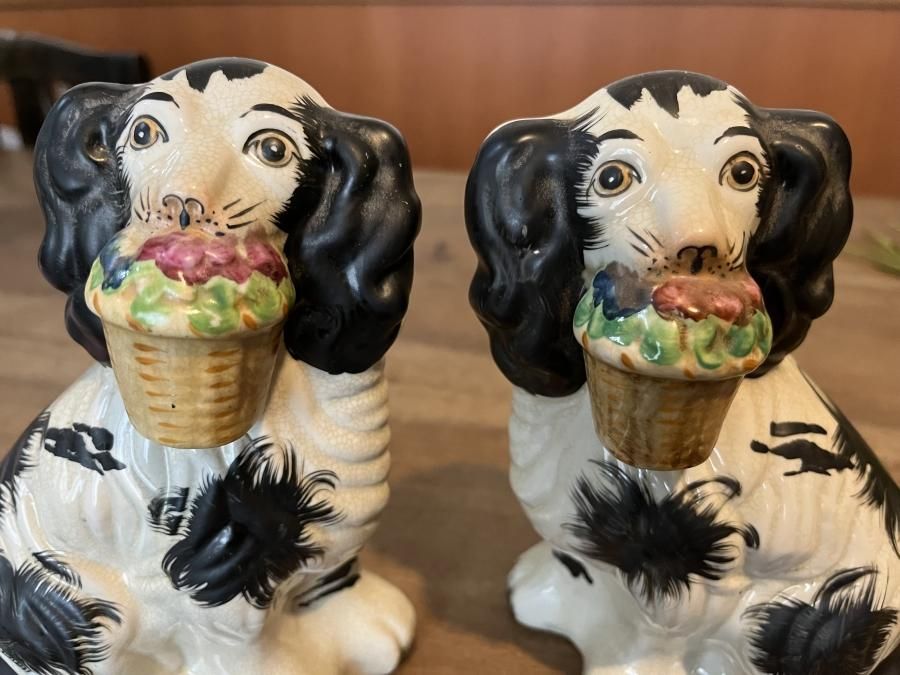 スタッフォードシャードッグ 花カゴをくわえたスパニエル犬 ペア