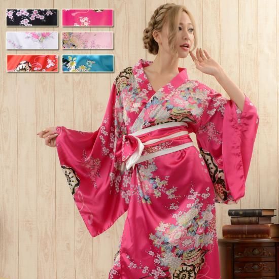 送料無料 いつまで 帯付き花魁シリーズ☆和柄サテン着物ロングドレス衣装 よさこい 衣装